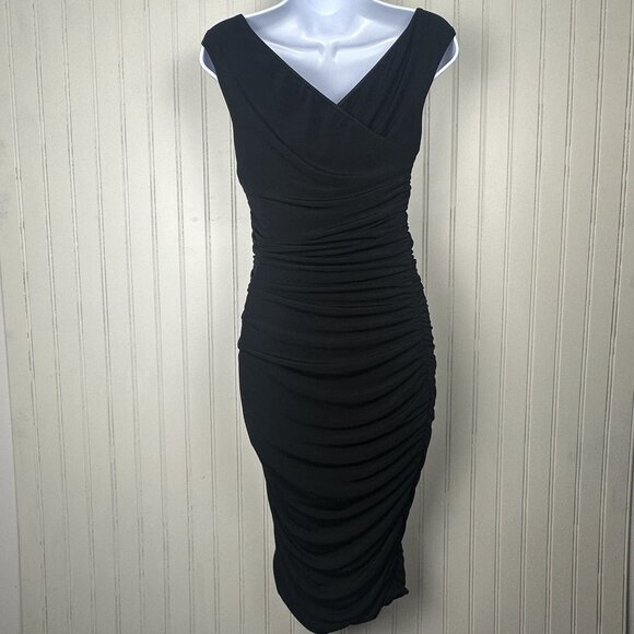 Express Black Knee Length Dress With Ruching, V-Neck,‎ Side Zipper, Stretch - Picture 3 of 10